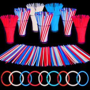 Mega-L 100 PCS Red White and Blue Glow Sticks Bulk 4th of July Decorations, 8" Glowsticks for Parade Floats, Memorial Day, Patriotic Party Supplies with Bracelets & Necklaces for Kids or Adults