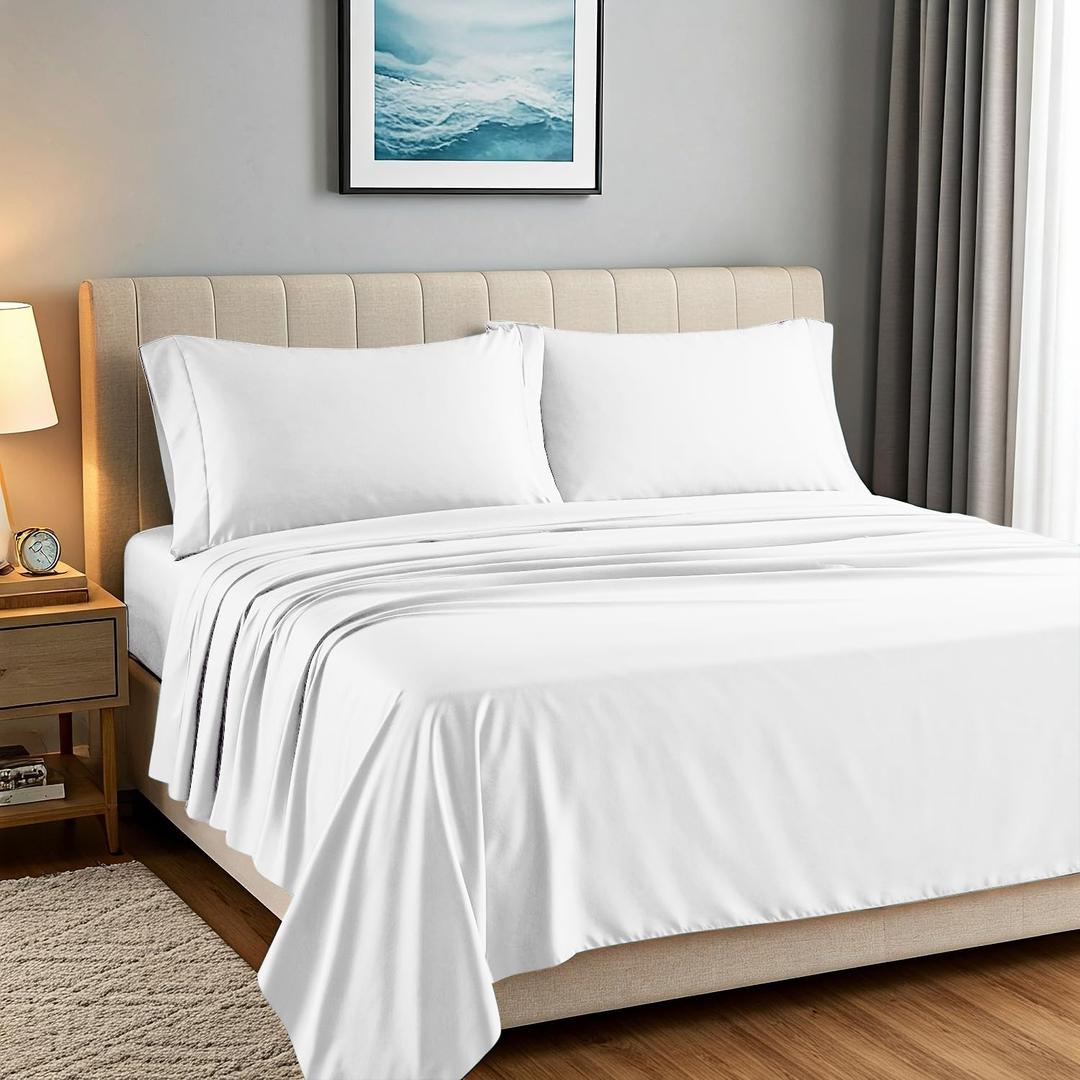 Carressa Linen 100% Egyptian Cotton King Size Sheets Set - Luxury 1500 Series Heliconia Collection Egyptian Cotton Sheets King Size (4 PC, White), 17" Deep Pocket, Sateen Hotel Quality Bedding