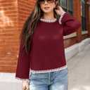 ZESICA Women's Oversized Long Sleeve Sweaters Fall Crewneck Color Block Loose Ribbed Knit Pullover Tops (Red, L)