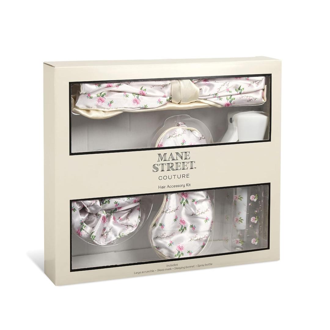 4-Piece Hair Accessory & Sleep Set by Mane Street Couture | Satin Bonnet, Sleep Mask, Large Scrunchie & Spray Bottle | Ivory Floral