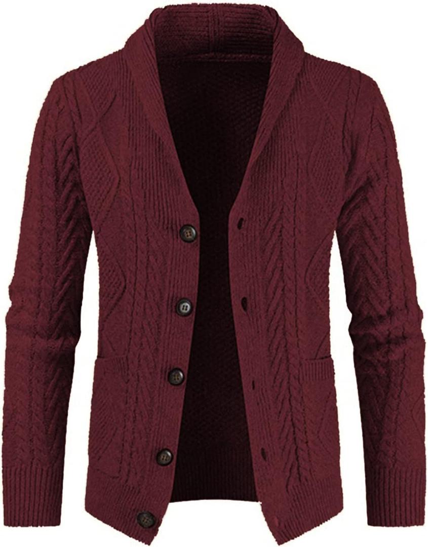 JMIERR Men's Casual Wool Blend Long Sleeve Shawl Collar Buttons Down Cable Knit Cardigan Sweater