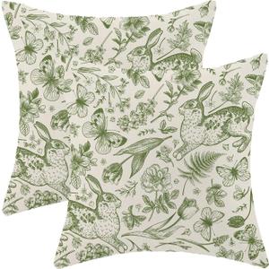 CXMEIFLY Easter Pillow Covers 16 x 16 Inch Set of 2 for Sage Green Spring Wild Flower Bunny Decor Throw Pillows Rabbit Floral Plant Outdoor Farmhouse Decorative Cushion Cases for Couch Bed Decoration