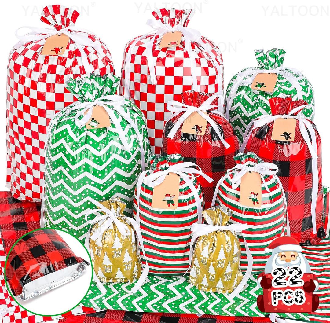 YALTOON Christmas Gift Bags, 22pcs Drawstring Christmas Bags for Gifts, Xmas Holiday Gift Bag Assorted Sizes-Large, Medium, Small, Present Bags for Gift Wrapping