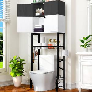 Over-The-Toilet Storage Rack, 4-Tier Bathroom Organizer Shelf Over Toilet with Barn Doors Cabinet and Basket, Freestanding Space Saver Bathroom Shelves with Paper Holder Above Toilet (Black & White), 24 inches x 9.3 inches x 65.5 inches