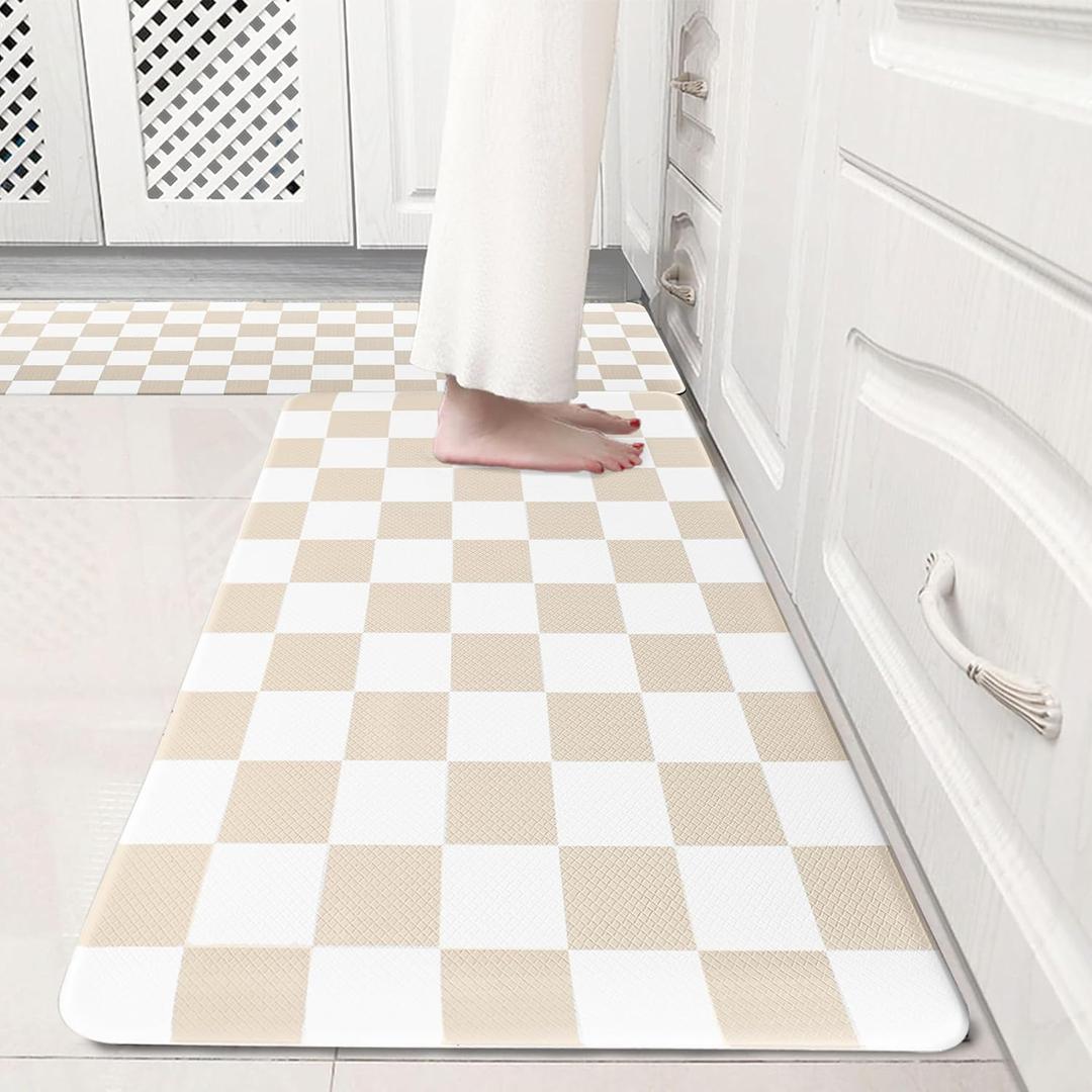Cream Checkered Grid Checkerboard Kitchen Rug Sets [2 PCs], Anti-Fatigue, Waterproof Non-Slip Kitchen Mats Heavy Duty Ergonomic Comfort Foam Rug for Floor, Home, Laundry,17"x29"+17"x47"