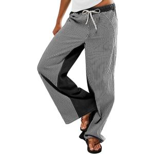 ONLYSTORY Women Striped Low Rise Pants Boho Wide Leg Pant Trendy Fun Patchwork Draw String Pull On Jeans (Black, S)