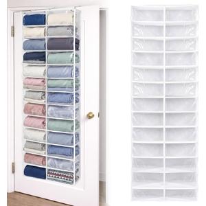 Over The Door Hoodie Organizer 26 Pocket Organizer, White | Clear Sweatshirt Organizer, 3 Hooks, Hanging Sweatshirt Hoodie Rack Holder, Cabinet Behind Door, Dormitory Bedroom Closet