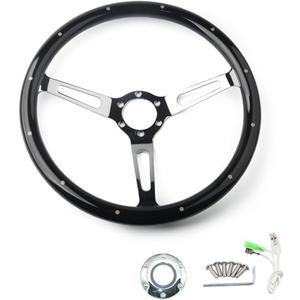 MR HELLO 15" Inch Classic Black Wood Grain Grip Steering Wheel 3 Spoke Riveted 380mm 6 Bolt with Horn Button (long hole)