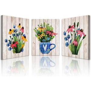 Lapremoly Vintage Wood Grain Flowers Wall Art for Kitchen Wall Decor for Living Room Bedroom Decorations Room Wall Decor 3 Pieces Framed Canvas print Artwork Modern Office Home Decor Paintings