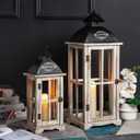 Set of 2 Large Decorative Wooden Metal Lanterns, Farmhouse Rustic Floor Candle Lanterns, Indoor/Outdoor Hanging Lanterns for Home Decor (No Glass) (Graywash)