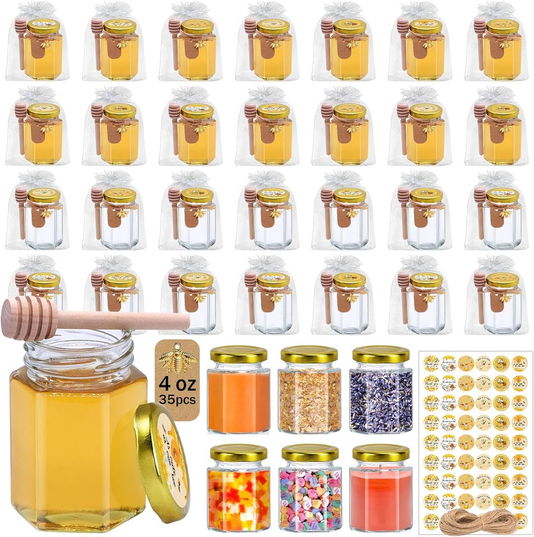 Aliggbent 35 Pack Small Honey Jars for Party Favors in Bulk, 4 oz Mini Hexagon Glass Honey Jars with Dippers, Lids, Cute Stickers, Bee Charms, Gift Bags & Jute for Baby Showers, Weddings, Birthdays Aliggbent 35 Pack Small Honey Jars for Party Favors in Bulk, 4 oz Mini Hexagon Glass Honey Jars with Dippers, Lids, Cute Stickers, Bee Charms, Gift Bags & Jute for Baby Showers, Weddings, Birthdays