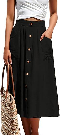 Naggoo Womens Summer Skirts Casual Front Button A-Line High Waisted Midi Skirt with Pockets, Size XL
