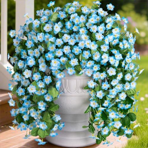 Artificial Fake Hanging Plants Flowers for Outdoor 2 PCS Faux Silk Blue Orchid Vines Bouquet for Wall Home Porch Patio Outside Party Wedding Decoration