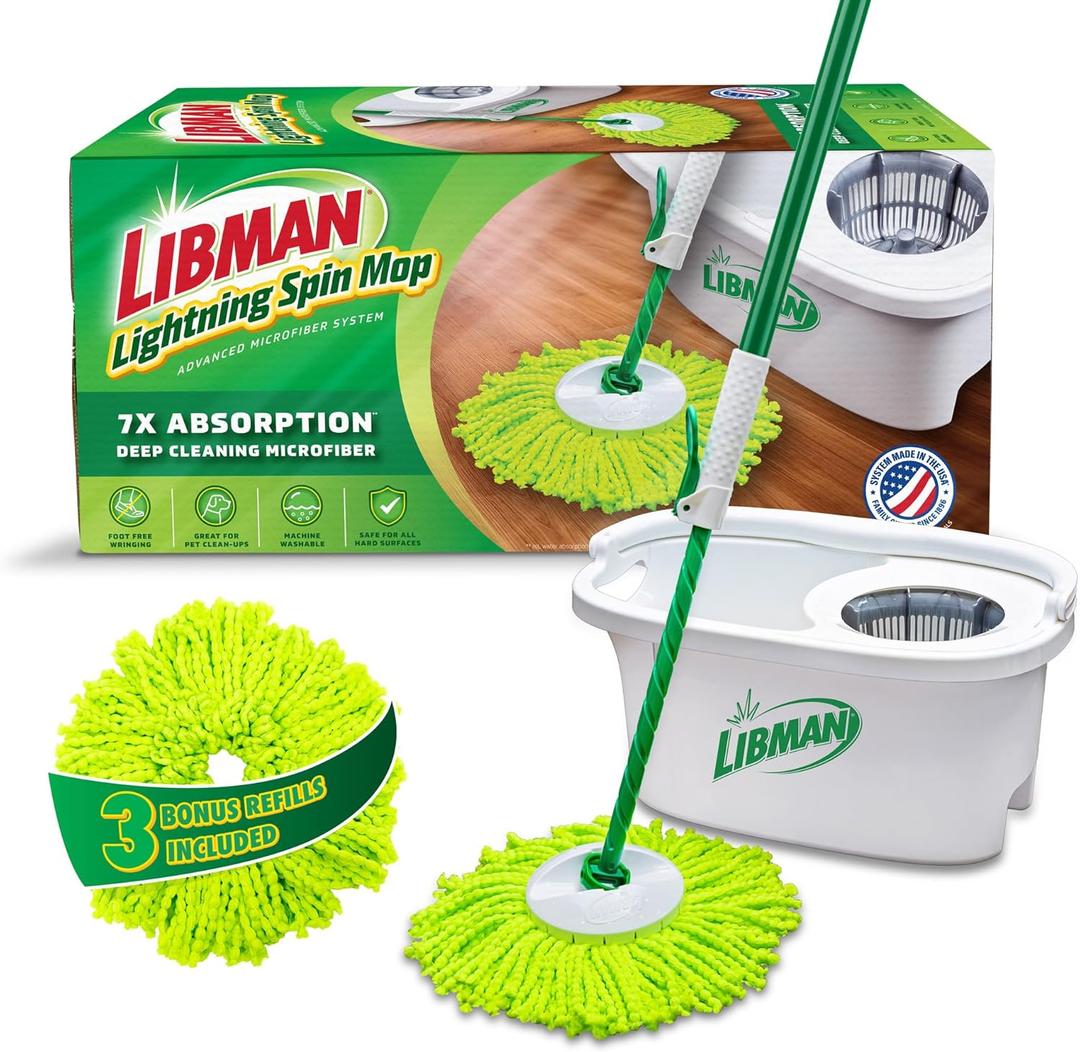 Libman Lightning Spin Mop System Plus 3 Refill Head | Mop and Bucket with Wringer Set | Floor Mop | Spin Mop | Libman Mop | Mops for Floor Cleaning | Hardwood Floor Mop | 4 Total Mop Heads Included