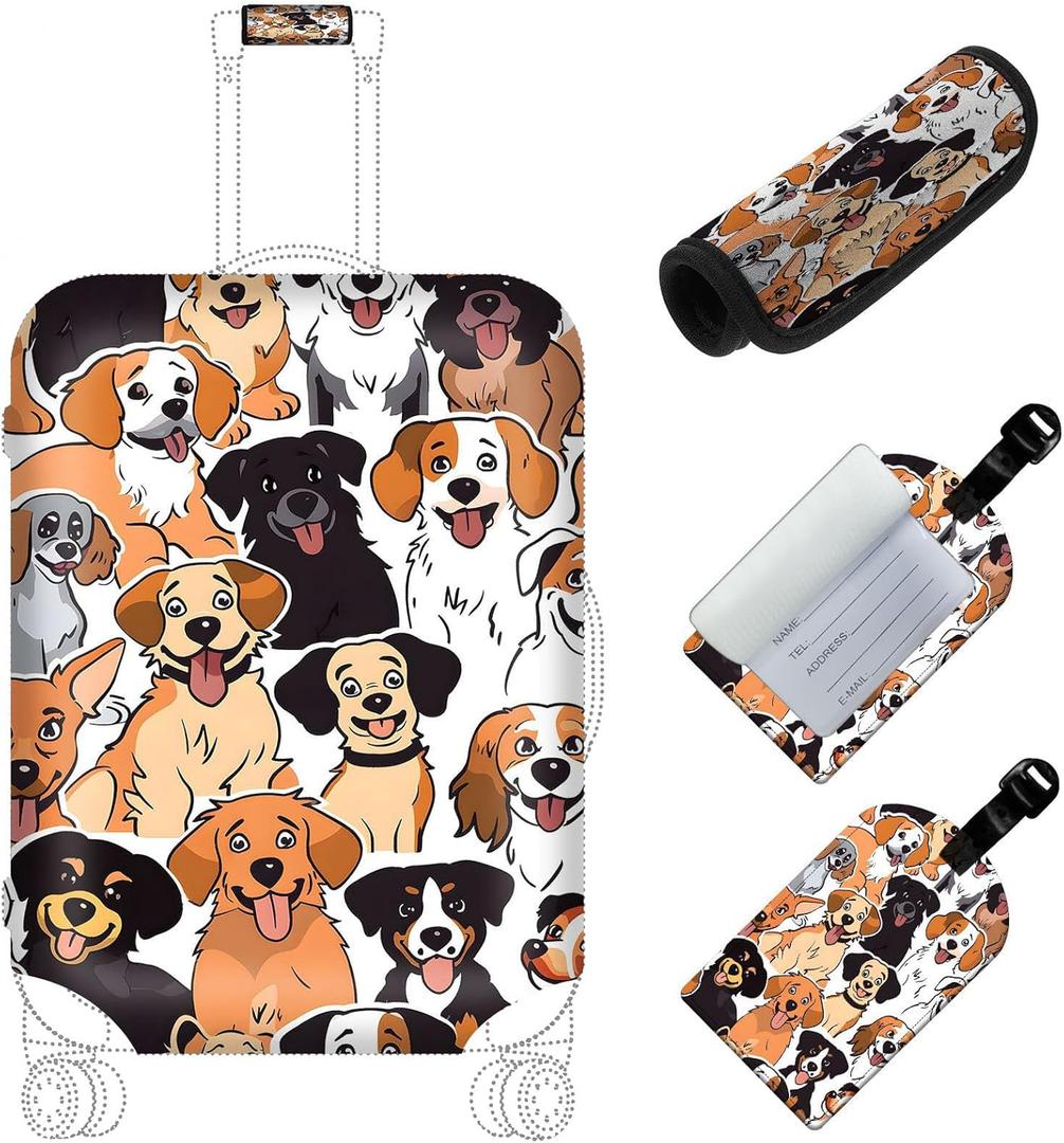 Travel Luggage Cover,Multiple Cute Dogs Theme Suitcase Cover Accessory Kit, Luggage Tag, and Comfortable Luggage Handle Wrap, Washable Zipper Close Luggage Suitcase Protector (18-20 inch,S)