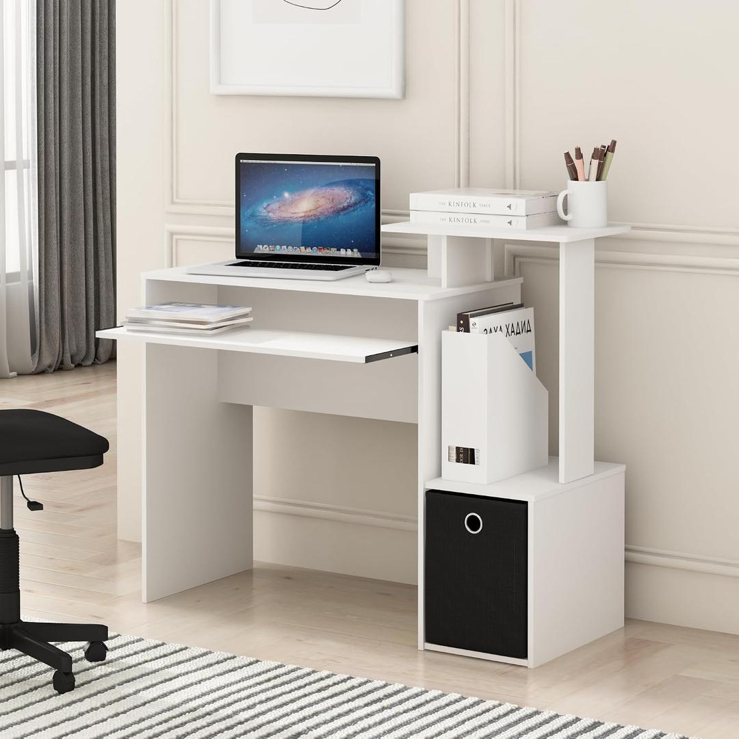 Furinno Econ Desk, 40-in Wide Gaming Desk with Keyboard Tray, Plain White, Large