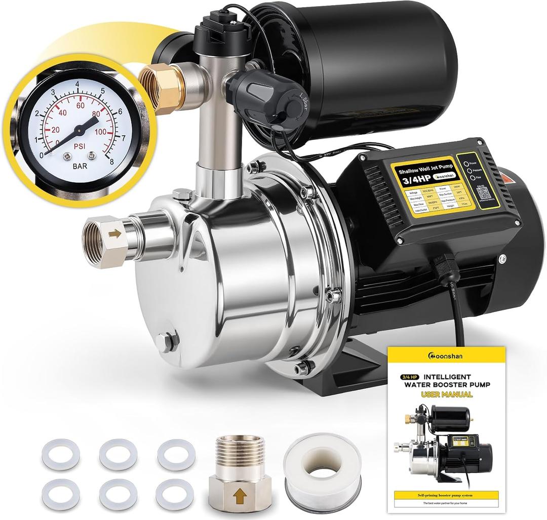 3/4 HP Water Pressure Booster Pump for Home 1050GPH Shallow Well Jet Pump with Pressure Tank Auto ON/OFF Stainless Steel Self-Priming System Pressure Switch for Whole House, Garden, Lawn