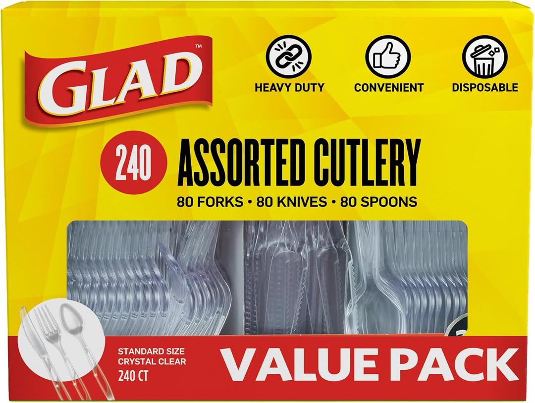 Glad Clear Disposable Cutlery Set with Heavy Duty Plastic Forks, Knives, and Spoons, Reusable Dishwasher Safe Plastic Utensils for Parties and Everyday Use, 240 Count