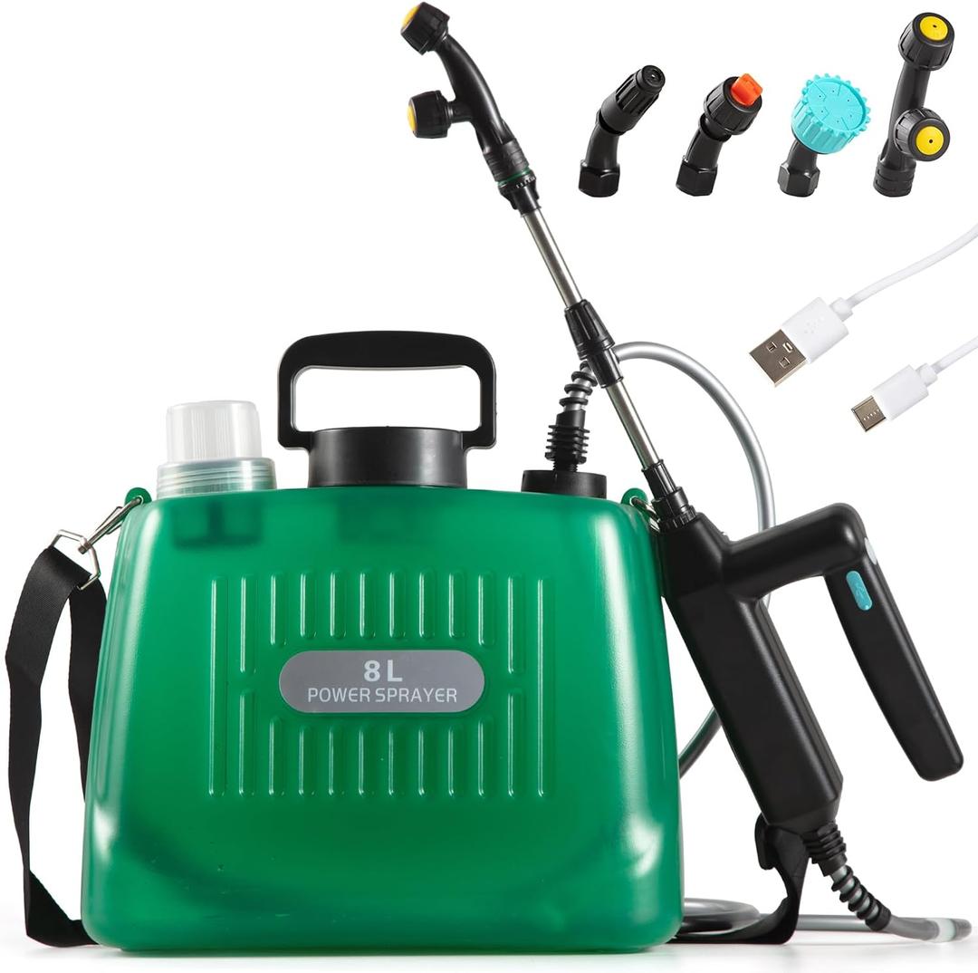 Battery Powered Garden Sprayer 2 Gallon, Rechargeable Pump Sprayer with 4 Mist Nozzles & Retractable WandPortable Water Electric Sprayers in Lawn and Garden with Adjustable Shoulder StrapGreen
