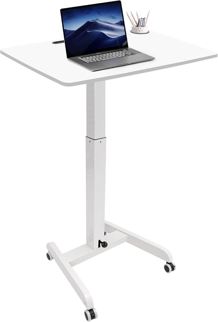 Rolling Laptop Desk Adjustable Height(29.5- 43.7)Mobile Workstation Cart with 23.6" x 20.5"Desktop, Standing Desk Mobile Portable PC Table for Home, Office or Classroom in White