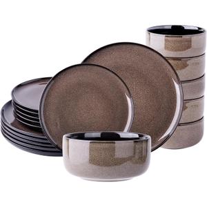 LeRatio Ceramic Dinnerware Sets for 6,Poreclain Plates and Bowls Sets,Handmade Reactive Glaze Dishes Set,Chip Resistant and Scratch Resistant | Oven&Dishwasher & Microwave Safe-Chestnut(18PCS)