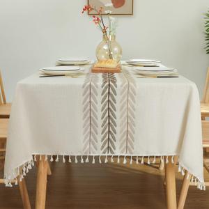 Laolitou Tablecloth for Dining Table Rustic Farmhouse Kitchen Tables Cloth Coffee Table Cover, Cotton Linen Fabric Small Rectangle Tablecloths, Beige, Leaf, 55x102 Inch