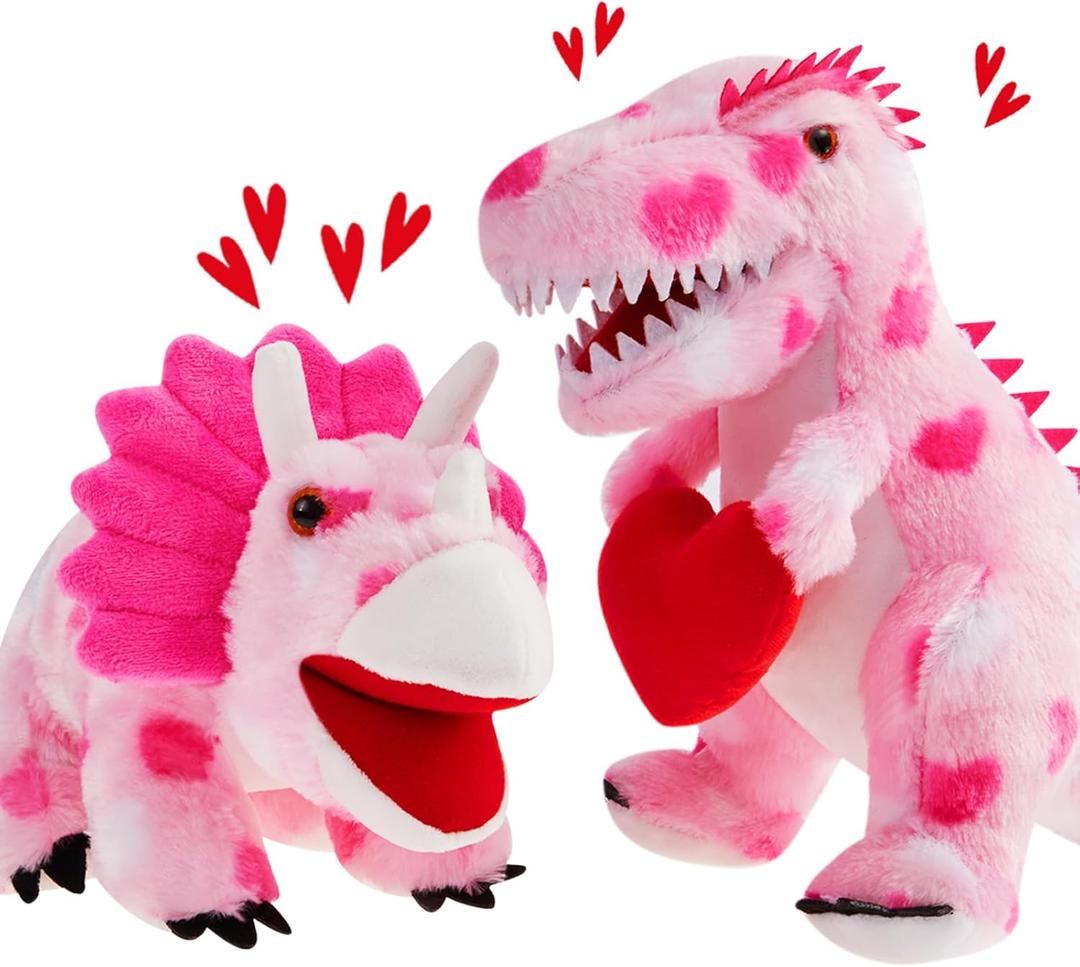 Deekin 2 Pcs Dinosaurs Valentine Stuffed Animals Kawaii Pink Dinosaur Plush Gifts Holding Heart Dinosaurs Toy for Valentine's Day Party Gifts for Her(Lovely)