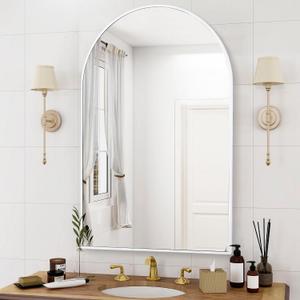 Arched White Bathroom Mirror,24 x 36 Inch Arch Wall Mirror with Wood Frame,Vanity Modern Tempered Glass Mirror for Bedroom,Entryway,Living Room