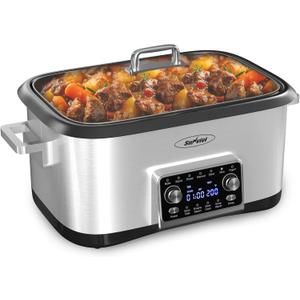 Sunvivi 8 Quart Slow Cooker Roaster Oven, 12 in 1 programmable Multi-Cooker Food Warmer with Digital Timer, Temp Control, Removable Cast Aluminum Pot & Dishwasher-Safe Tempered Glass Lid, Stainless