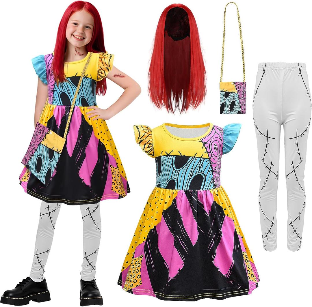 4PCS Kids Sally Costume Girls Christmas Sally Dress Wig Bag Tights Cosplay Accessories for Halloween (140)