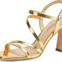 Strappy Heels for Women 3 Inch Chunky Block High Heels Square Open Toe Ankle Strap Dress Sandals for Wedding Prom Party Bridesmaid (Gold)