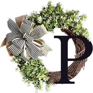 Monogram Initial Letter Wreaths for Front Door with Striped Linen Bow & Fake Green Grass on Grapevine Base Farmhouse Style Rustic Door Decor Spring Summer Green Wreath, P