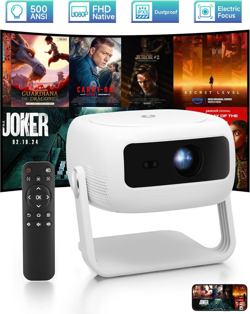 Native 1080P HD Projector with 4K Support, WiFi 6, Bluetooth, Dustproof Design, Motorized Focus, Built-in Speaker, Smart Projector for Indoor/Outdoor Use, Compatible with Android/iOS/Windows/TV Stick