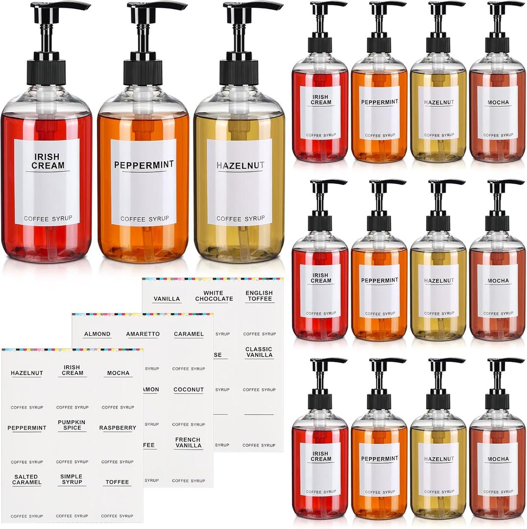 Mumufy Set of 12 Coffee Syrup Dispenser PET Syrup Pump Bottle Black Plastic Container with 27 Labels for Kitchen Restaurant Home Bar Accessories Organization(11.8 oz)