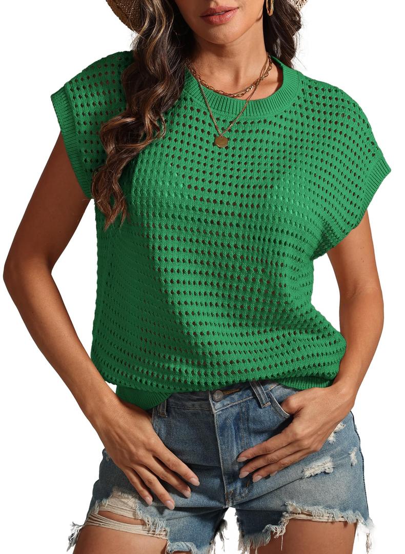 ATHMILE Womens Spring Tops Summer Shirts Beach Vacation Crochet Cap Sleeve Knit Sweater Pullover Cute Fashion Clothes Green
