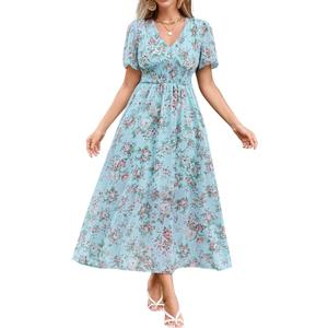 Women's Floral Maxi Dress Flowy V Neck Empire Waist Summer Wedding Guest Party Casual Chiffon Dress (Blue, S)