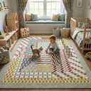 Kokia 8x10 Modern Geometric Washable Area Rug, Non-Slip Stain-Resistant Low Pile Rug for Living Room, Bedroom, Dining Room, Multicolor Bauhaus Grey