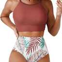 Herseas Women's Bikini Sets High Neck Tropical Leaf Print High Waisted Two Pieces Swimsuits Bathing Suits Large
