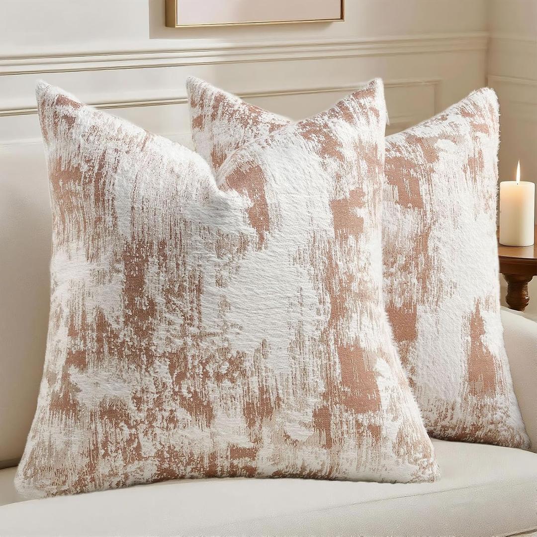 HAUSSY Pack of 2 Lumbar Throw Pillow Covers 18x18 Inch,Faux Cashmere Jacquard Decorative Patten Furry Pillowcases Textured & Soft Cushion Covers for Couch Bed Room Home Decor,Rust White(Covers Only)