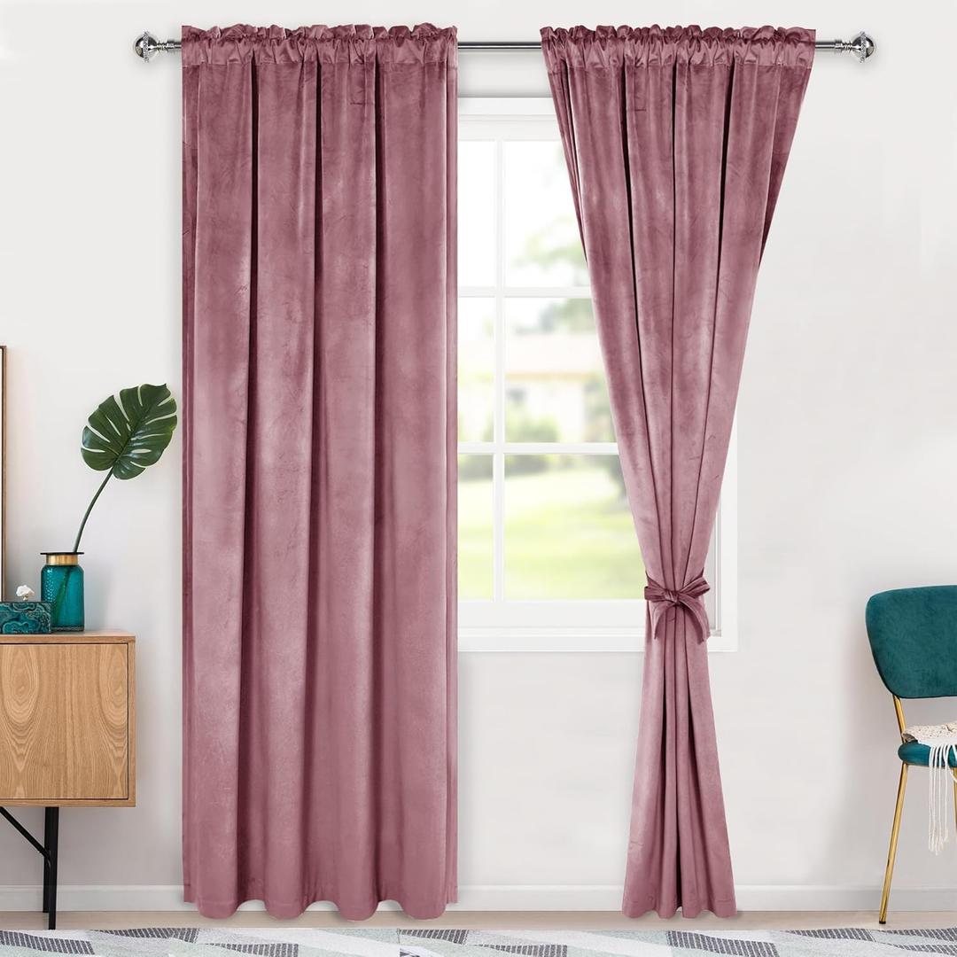 Hiasan Velvet Curtains 84 inches-Blackout Thermal Insulated Solid Soft Curtains for Bedroom Living Room Rod Pocket Room Darkening 2 Panels Window Drapes with Tiebacks, 42W x 84L, Wild Rose