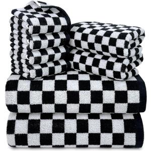 Jacquotha Black and White Towels Set of 8, Cute Checkered Towels for Bathroom Decor, 2 Bath, 2 Hand, 4 Washcloths, Cotton