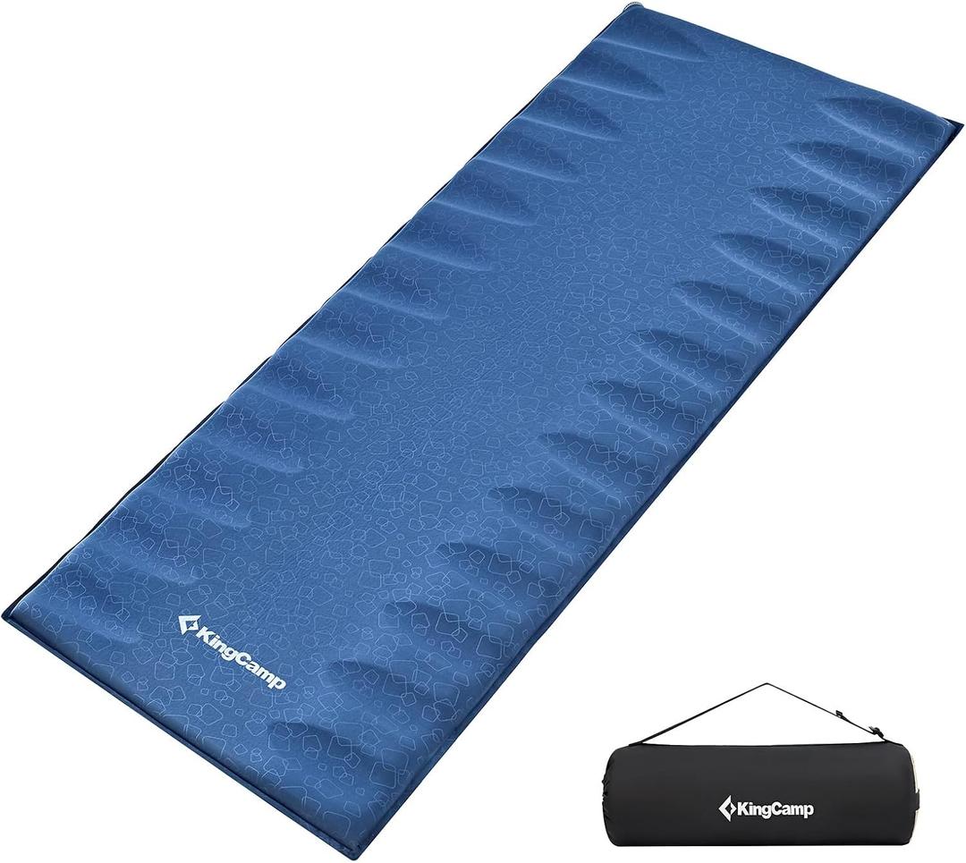 KingCamp Sleeping Pad for Camping, Rollover Prevention Self Inflating Sleeping Pad Camping Mattress Foam Mat with Butterfly Edge Cut for Outdoor & Indoor, Tent Cot Car Backpacking, PVC Free (Single, Blue)