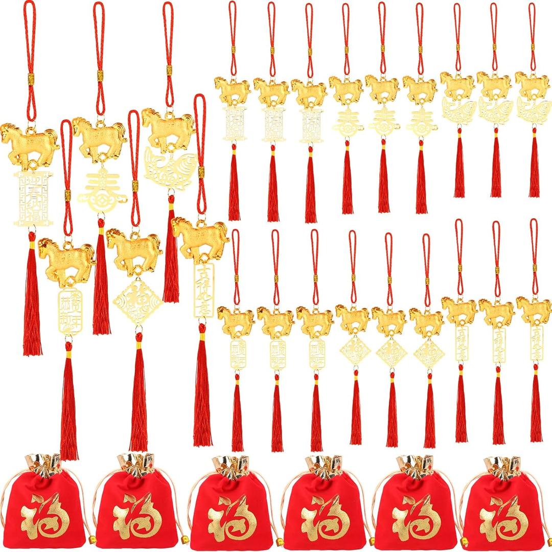 12 Pcs Chinese New Year Horse Bulk Decorations Lunar New Year 2026 Red Tassel Ornaments with Wealth Success Good Luck Hanging Decorations for Gifts Home Decor