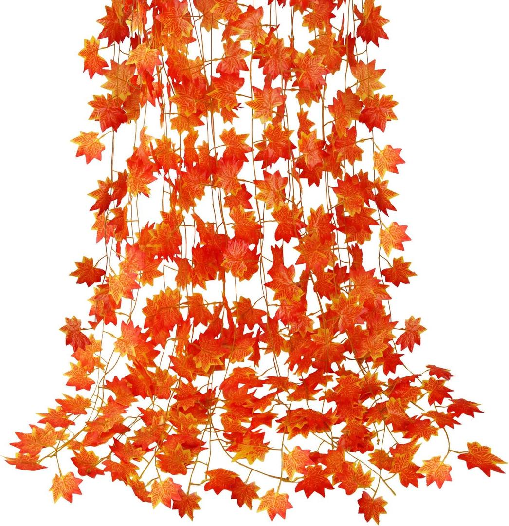 CQURE 12 Pack Fall Leaf Garland, Hanging Vines Garland Artificial Fall Maple Leaves Thanksgiving Decor for Home Wedding Fireplace Party (Orange)