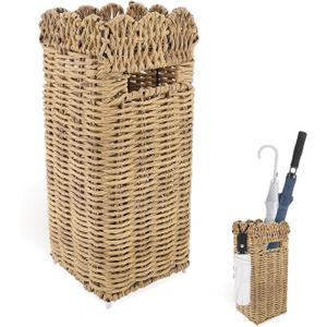 Woven Umbrella Stand for Entryway & Outdoor Porch, Weather-Resistant PE Rattan Cane Holder, Scalloped Square Bin with Drip Tray, Farmhouse Decor Rack for Umbrellas, Wrapping Paper, Walking Sticks