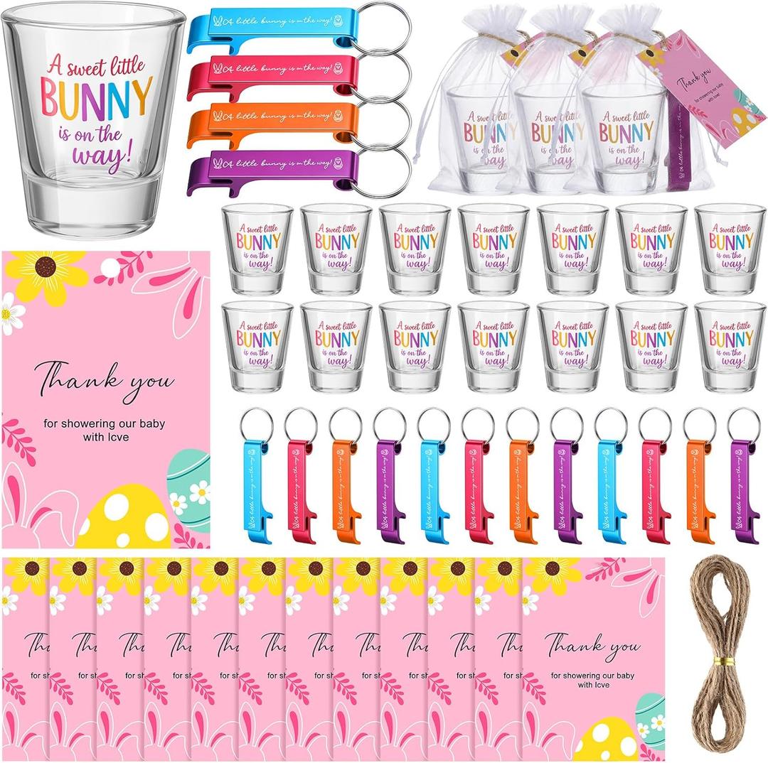 50 Set Easter Baby Shower Party Favors for Guests ''A Sweet Little Bunny Is on The Way'' Acrylic Shot Glasses Keychains Bottle Openers Thank You Cards Organza Gift Bags for Baby Shower Guests Souvenir