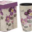 Topadorn Tall Ceramic Travel Mug 17 oz. Coffee Cups Sealed Lid With Color Box (Purple Flower)