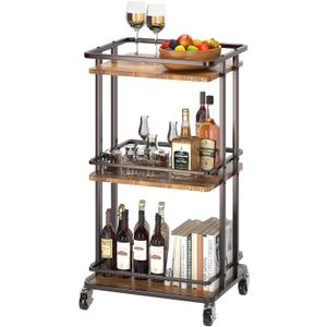 3-Tier Rolling Serving Bar Cart, Wood and Metal Kitchen Island Storage Cart with Wheels, Multifunction Utility Cart Storage Rack for Home, Kitchen, Bar, Dinning Room, Living Room (Brown)