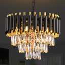 Modern Crystal Chandeliers 15.7Gold Contemporary Crystal Ceiling Lights Fixtures 3-Tiers 5 Lights Black Round Chandelier Pendant Light Fixtures for Entryway Living Room Dining Room Bedroom Foyer, W15.7in