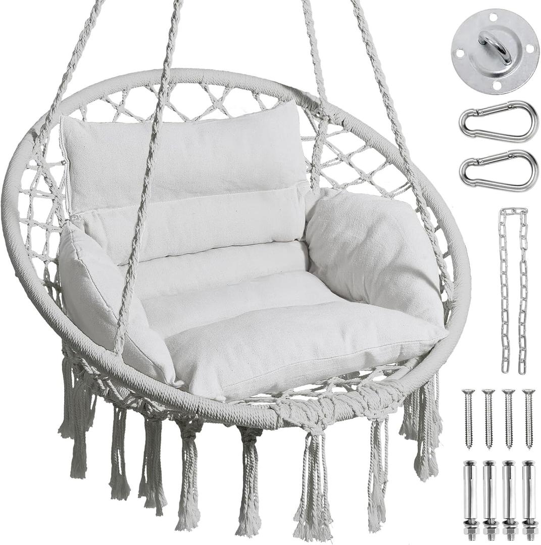 Greenstell Hammock Chair, Macrame Swing Chair with Comfy Cushion, Boho Hanging Chair for Outdoor & Indoor, Perfect for Bedroom, Patio, Balcony, Hold up to 330Lbs, Grey (Standard Size (24.0 x 27.6 x 48.0 inch))